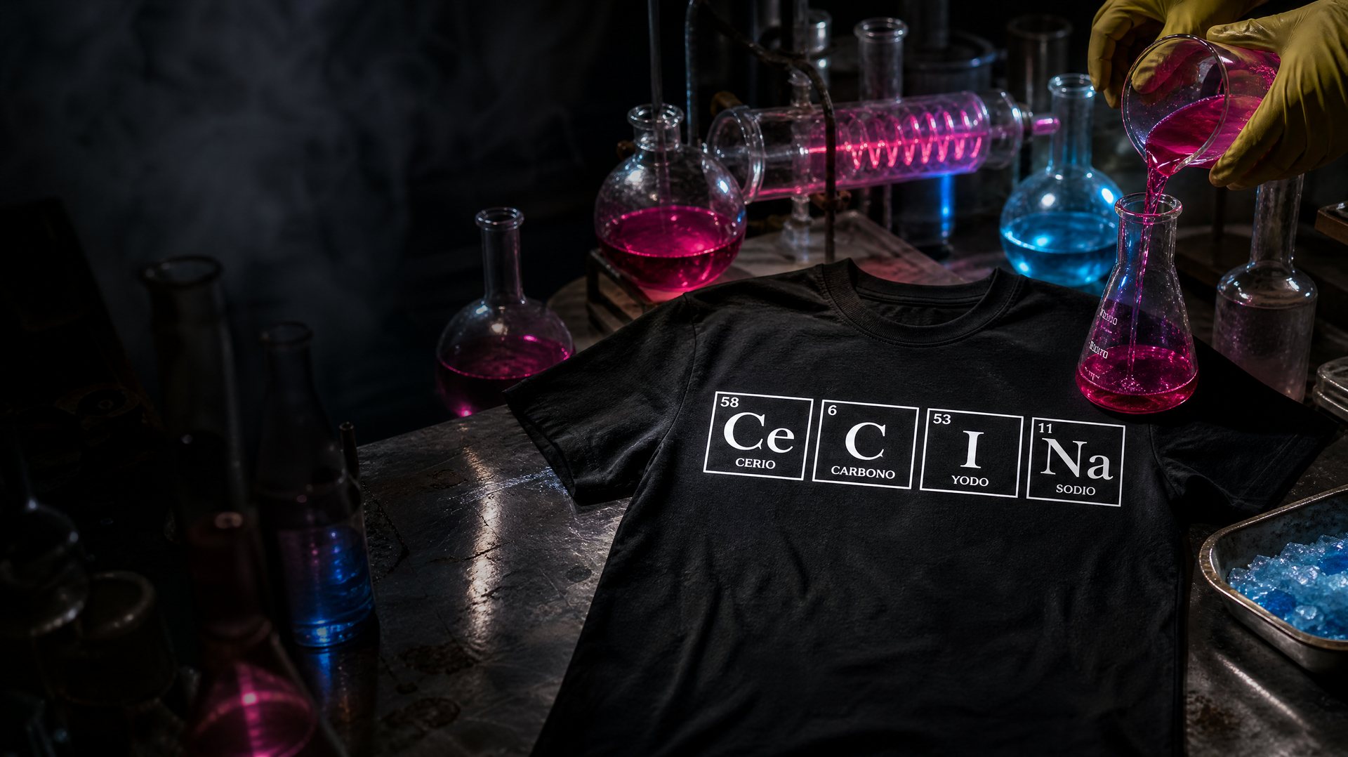 Camiseta Cecina sobre la mesa de un laboratorio de química